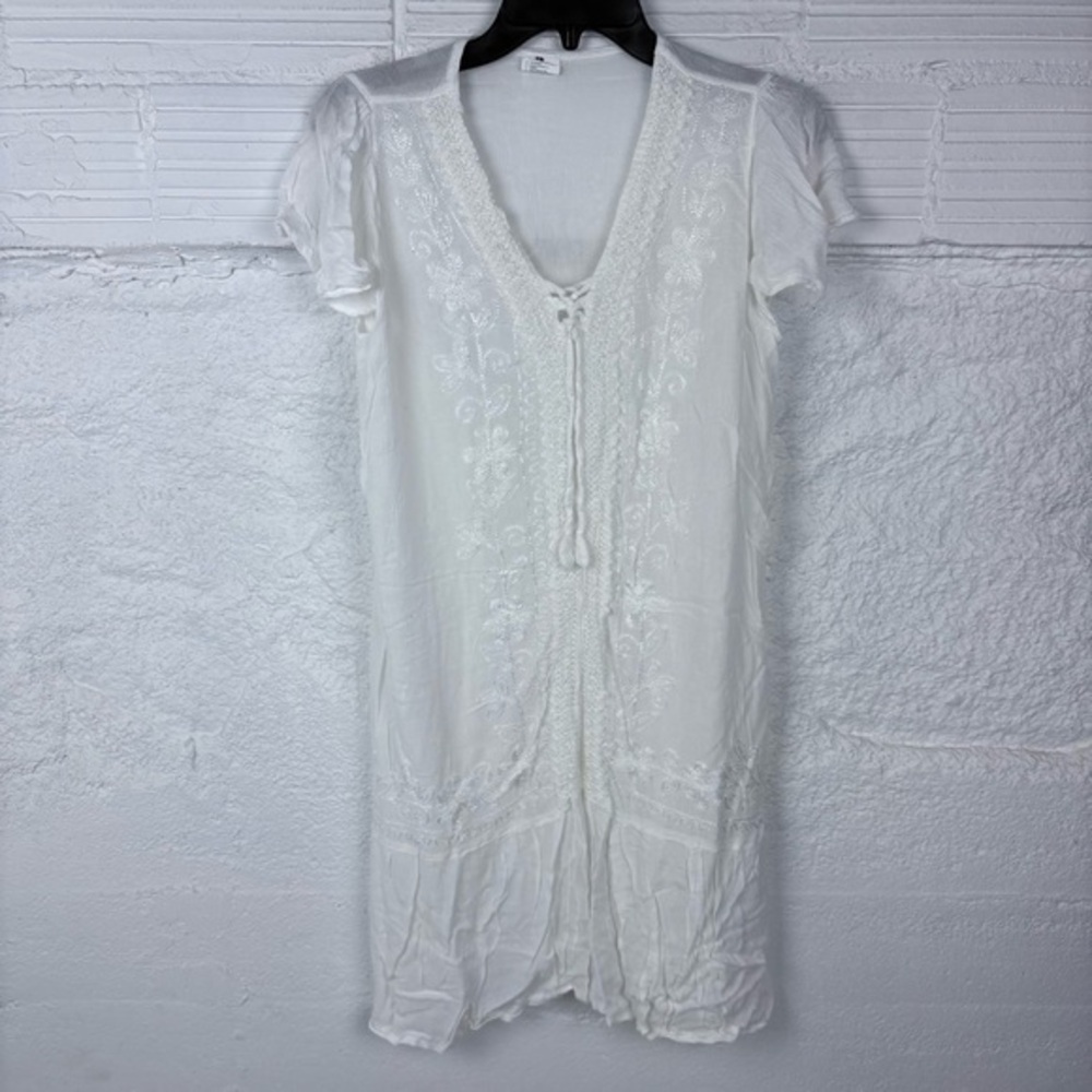 ASHA white floral embroidered lightweight tie front midi dress size large